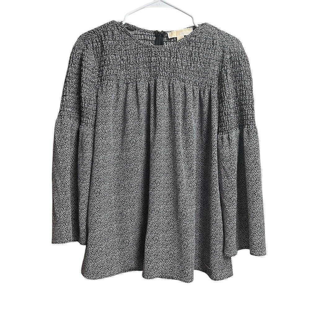 Michael Kors Smocked Peasant Blouse Size XS Pullover Zip Back Black White